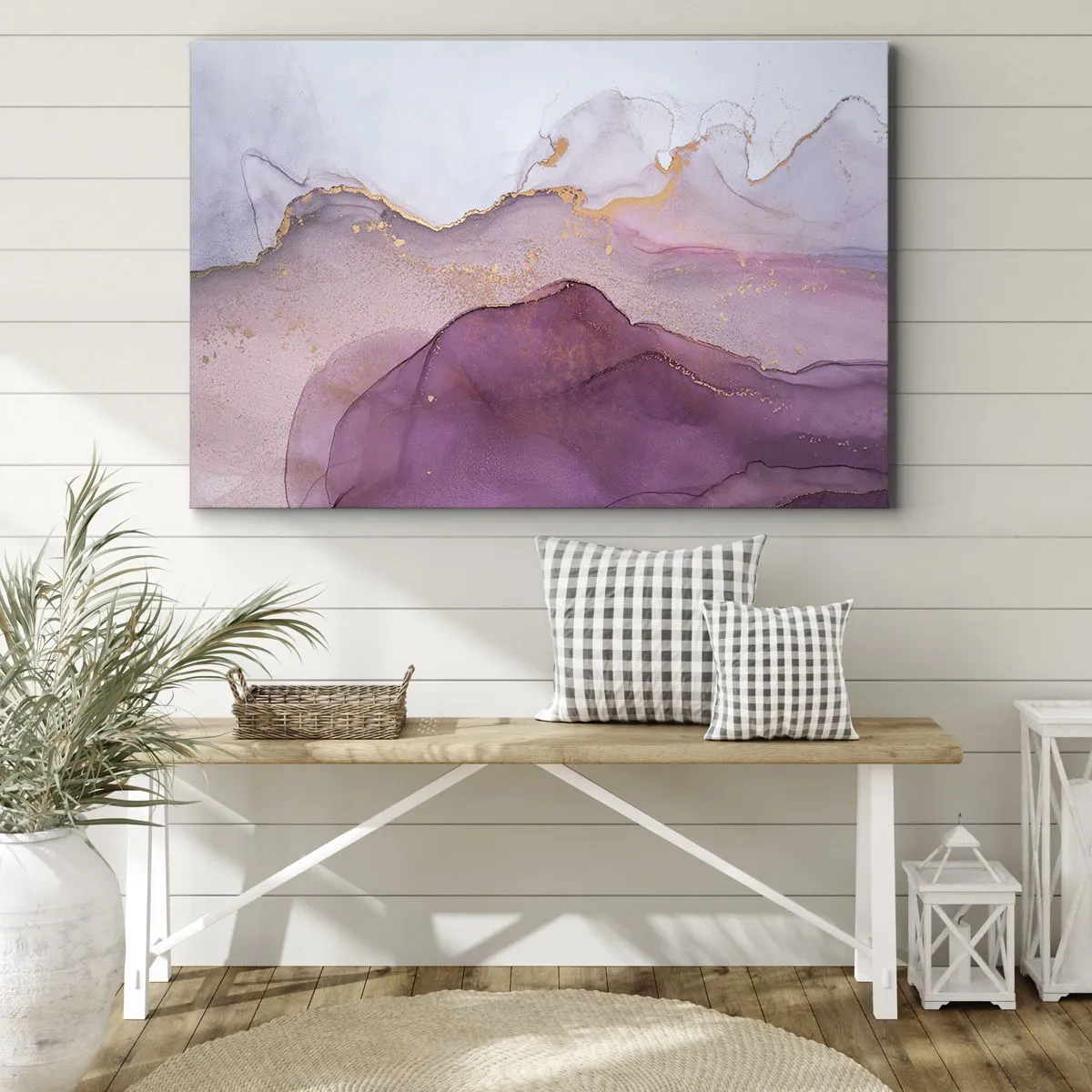 Schilderen op canvas - Een abstracte compositie in tinten paars en goud. - 70x50cm - Lila en paarse golven - Moderne wanddecoratie voor woonkamer en slaapkamer ARTTOR