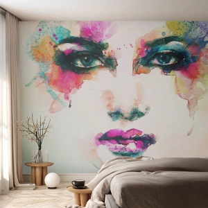 Zelfklevend Fotobehang Deluxe Sticker - Een portret geschilderd met een regenboog - Abstractie, Het gezicht van de vrouw, Deel - 350x256 cm
