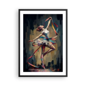 Poster in een zwarte lijst - Een danseres in een dynamische pose met kleurrijke linten. - 50x70cm - Lintendans - Moderne wanddecoratie voor woonkamer en slaapkamer ARTTOR