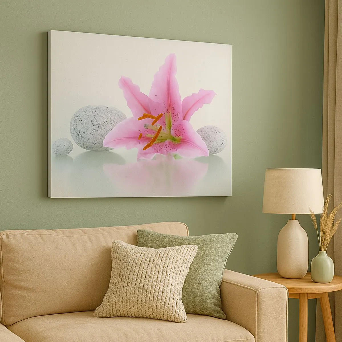 Schilderen op canvas - Roze leliebloem met stenen op een lichte achtergrond - 70x50cm - Een studie in roze, grijs en wit - Moderne wanddecoratie voor woonkamer en slaapkamer ARTTOR