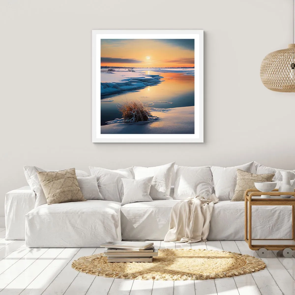 Poster in een witte lijst - Winterse zonsondergang - 60x60 cm