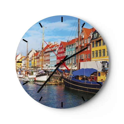 Wandklok - Klok - Kleurrijke huizen en boten in de haven op een zonnige dag - 30x30cm - Vrolijke werf - Moderne wanddecoratie voor woonkamer, keuken en slaapkamer ARTTOR