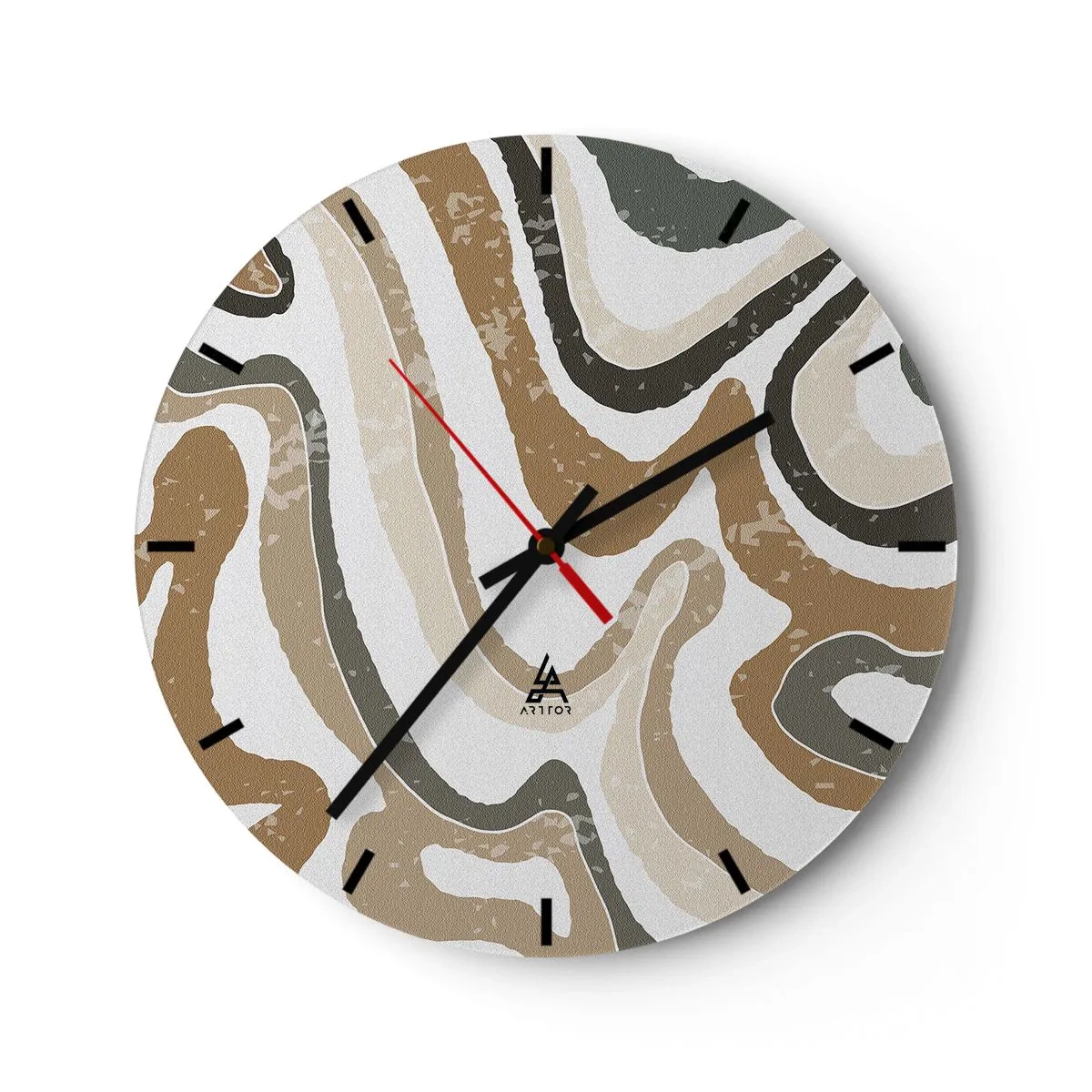 Wandklok - Klok - Slingerende aardkleurige strepen op een witte achtergrond - 30x30cm - Meanders van aardekleuren - Moderne wanddecoratie voor woonkamer, keuken en slaapkamer ARTTOR