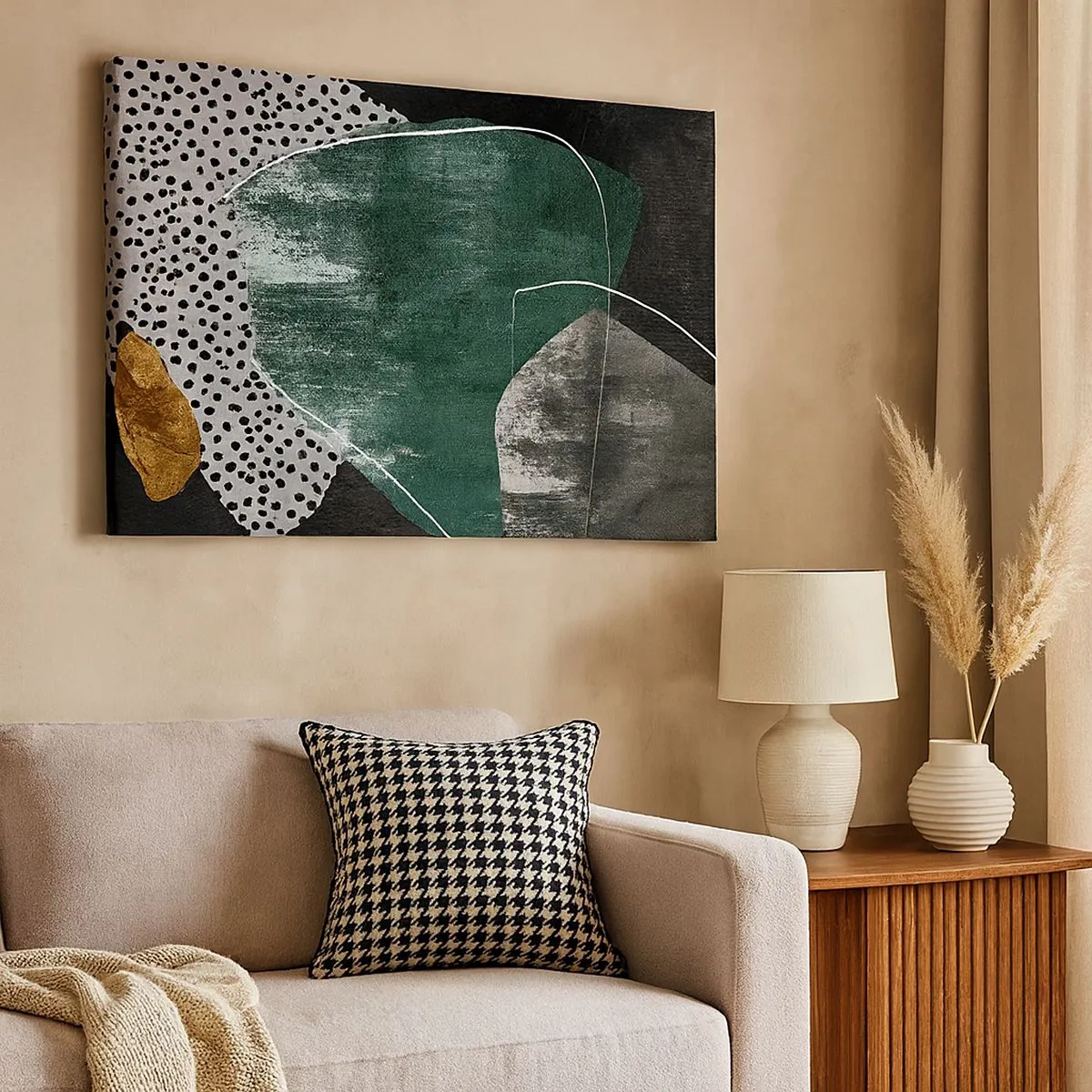 Schilderen op canvas - Abstracte compositie met groene vormen en stippenpatronen - 70x50cm - Kleurrijke abstractie met bladgoud - Moderne wanddecoratie voor woonkamer en slaapkamer ARTTOR