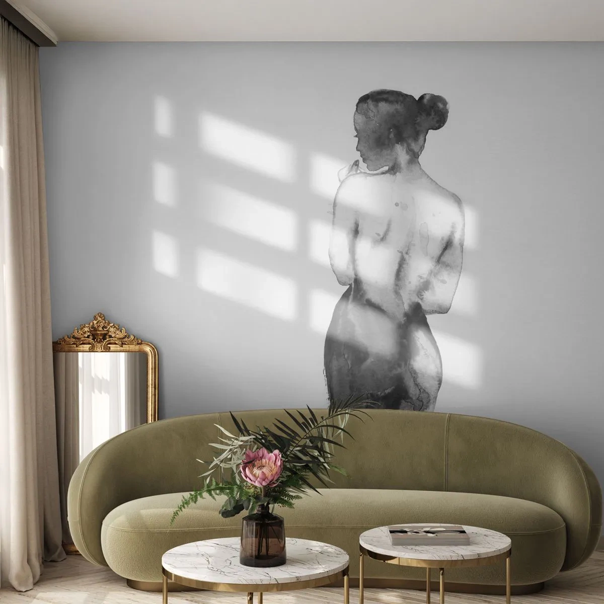 Fotobehang Premium Sand - Bij haar verdwijnt de wereld - Vrouw, Vrouwenlichaam, Grafisch - 100x70 cm
