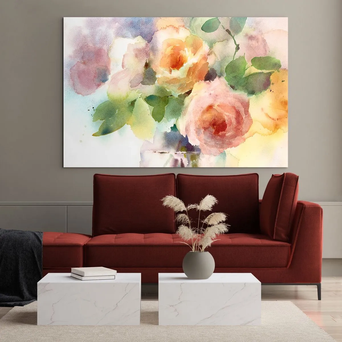 Schilderen op glas - Een aquarel van rozen in delicate pastelkleuren. - 70x50cm - Delicaat als aquarel - Moderne wanddecoratie voor woonkamer en slaapkamer ARTTOR