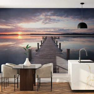 Fotobehang Premium Sand - Een rustige grens tussen dag en nacht - Landschap, Meer, Zonsondergang - 100x70 cm