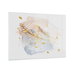 Schilderen op glas - Een delicate compositie met takjes en gouden bladeren in aquarel - 70x50cm - Gouden explosie - Moderne wanddecoratie voor woonkamer en slaapkamer ARTTOR