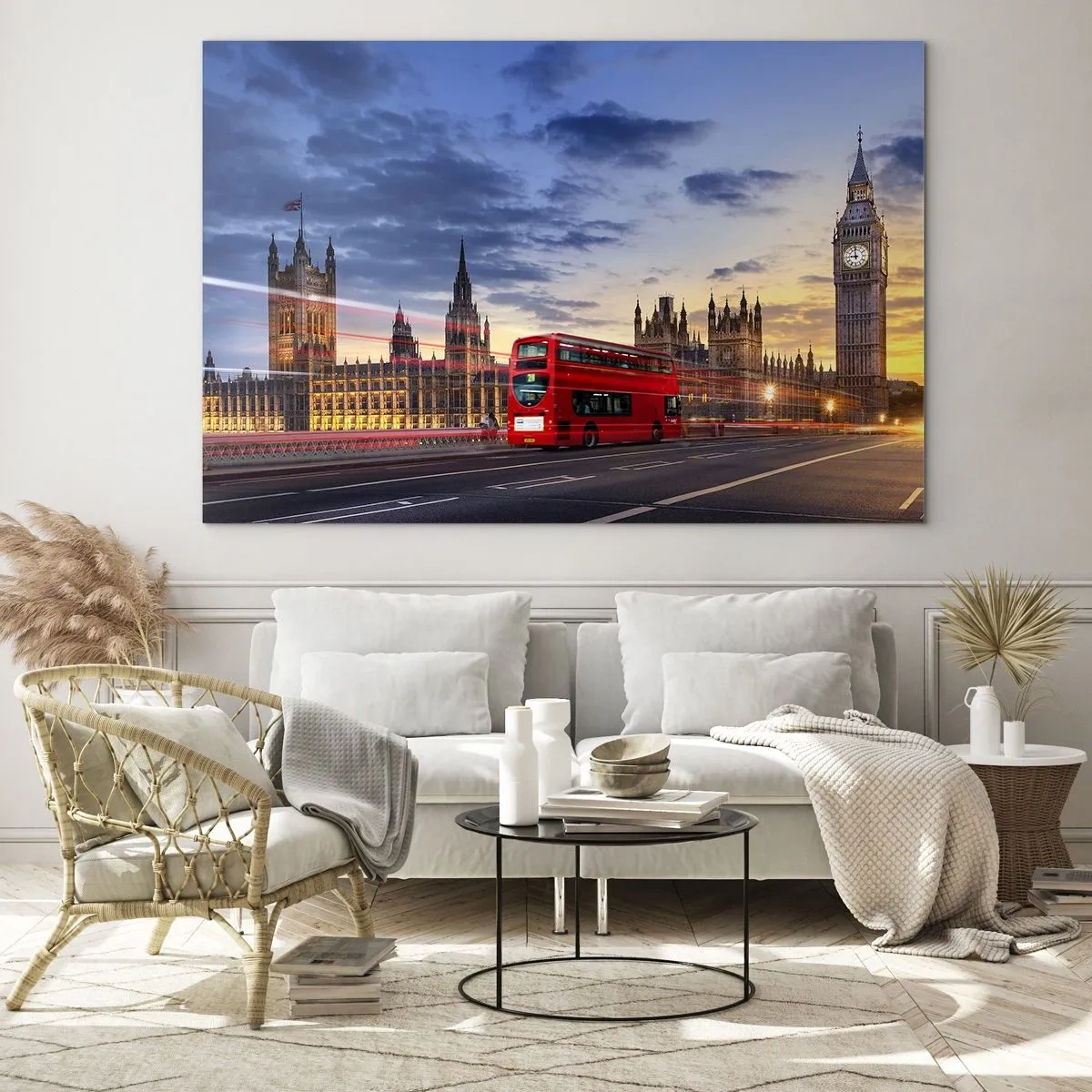 Schilderen op glas - Big Ben en de rode bus in Londen bij zonsondergang - 70x50cm - Speciale tekens - Moderne wanddecoratie voor woonkamer en slaapkamer ARTTOR