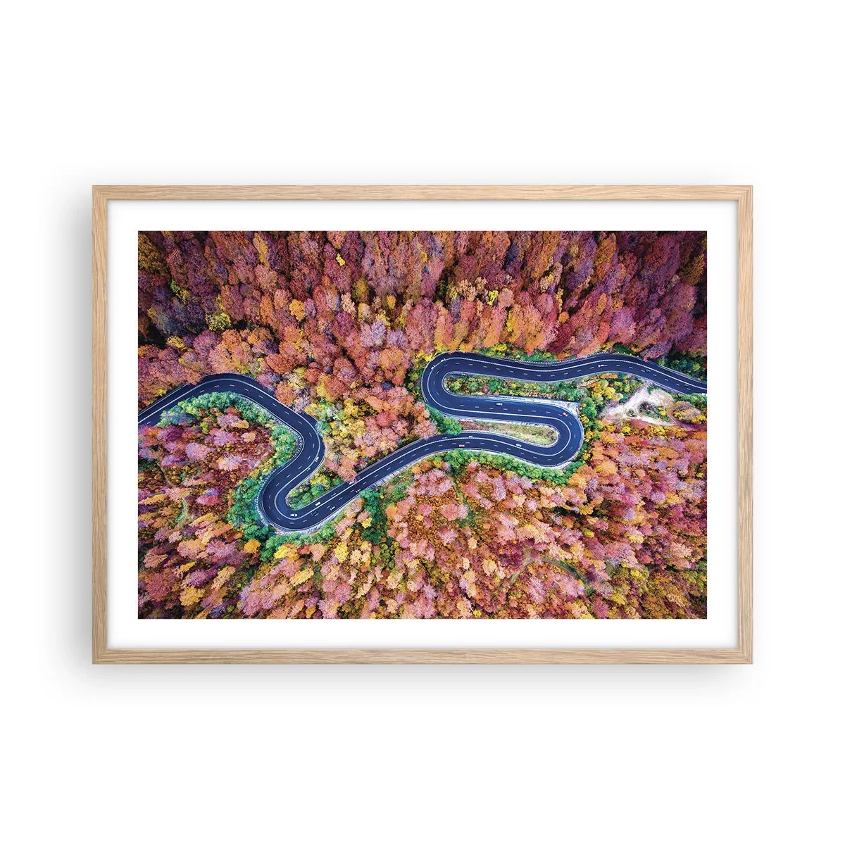 Een poster in een licht eiken lijst - Een kronkelende weg door het bos - 70x50 cm