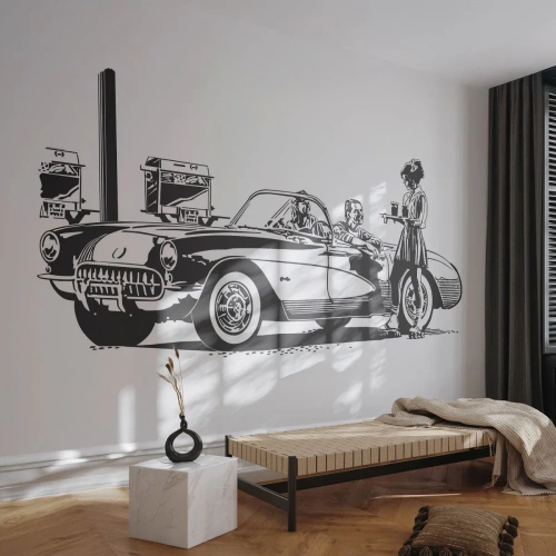 Fotobehang op maat Premium Sand - 60e - zorgeloos Amerika - Vintage auto, Benzinestation, Amerika