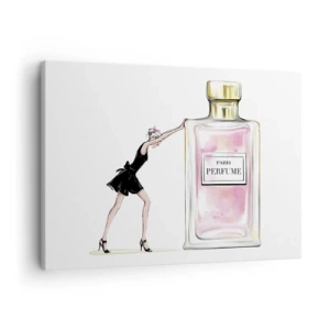 Schilderen op canvas - Een vrouw in een zwarte jurk naast een flesje parfum - 70x50cm - De essentie van vrouwelijkheid - Moderne wanddecoratie voor woonkamer en slaapkamer ARTTOR