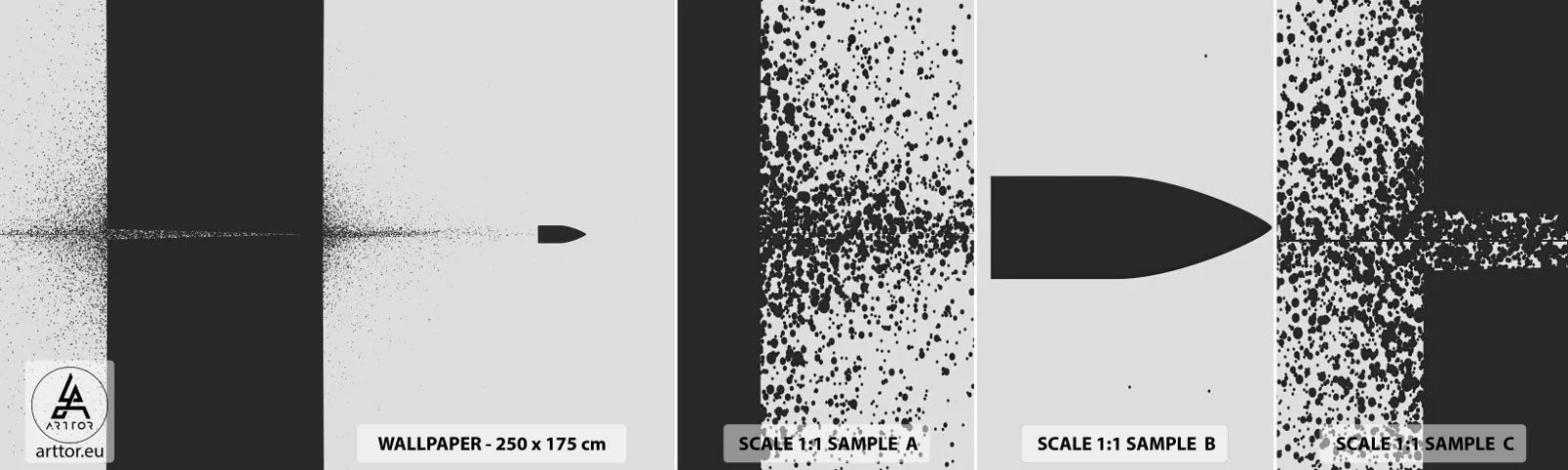 Fotobehang Monster Zelfklevend Deluxe Sticker - Rechtstreeks naar het doel - Kogel, Zwart en wit, Abstractie - 100x30 cm
