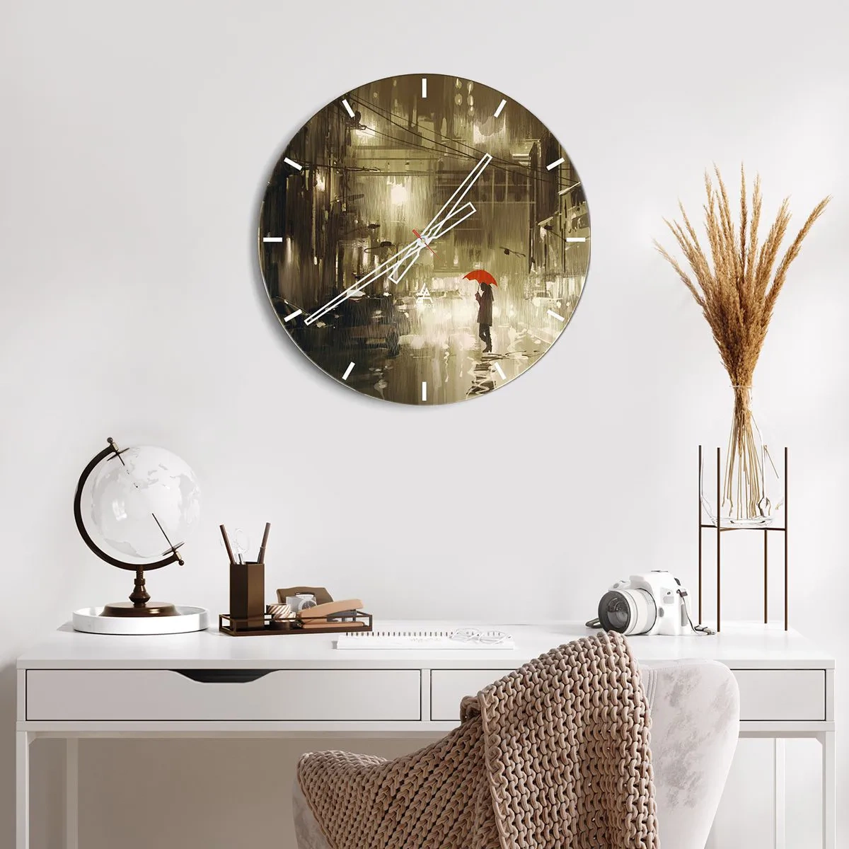 Wandklok - Klok - Een figuur met een rode paraplu op een natte straat - 30x30cm - Alleen maar niet eenzaam - Moderne wanddecoratie voor woonkamer, keuken en slaapkamer ARTTOR