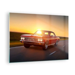 Schilderen op glas - Rode klassieke auto tegen de ondergaande zon - 70x50cm - Verlangen is rood - Moderne wanddecoratie voor woonkamer en slaapkamer ARTTOR