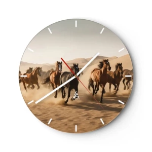 Wandklok - Klok - Galopperende paarden tegen de achtergrond van woestijnduinen - 30x30cm - Vrij als de wind - Moderne wanddecoratie voor woonkamer, keuken en slaapkamer ARTTOR