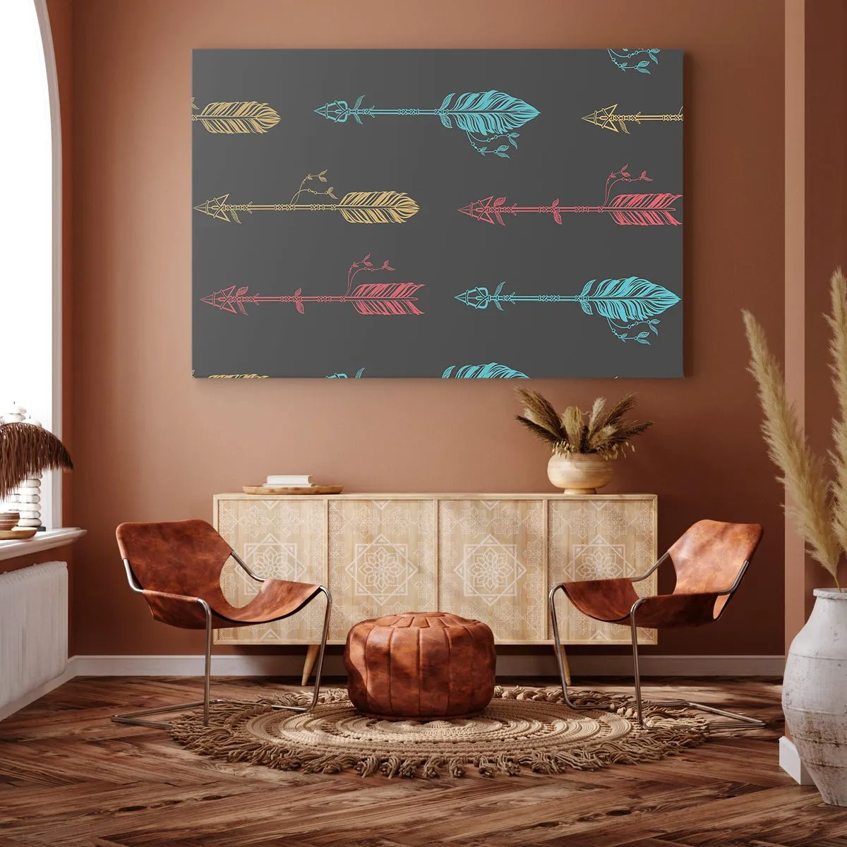 Schilderen op canvas - Gestileerd pijlpatroon in pastelkleuren op een donkere achtergrond - 70x50cm - In de verordening - Moderne wanddecoratie voor woonkamer en slaapkamer ARTTOR