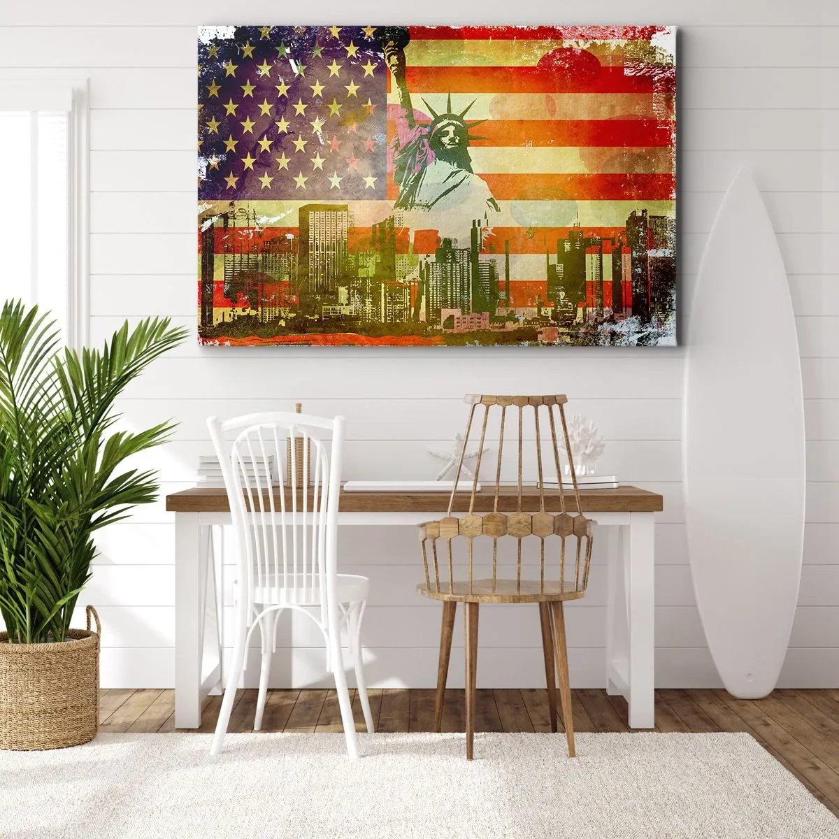 Schilderen op canvas - Het Vrijheidsbeeld tegen de achtergrond van de Amerikaanse vlag en de skyline van de stad - 70x50cm - Viva America! - Moderne wanddecoratie voor woonkamer en slaapkamer ARTTOR