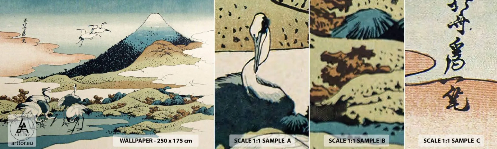 Fotobehang Monster Zelfklevend Deluxe Sticker - In de Japanse geest - Ooievaar, Vogel, Landschap - 100x30 cm