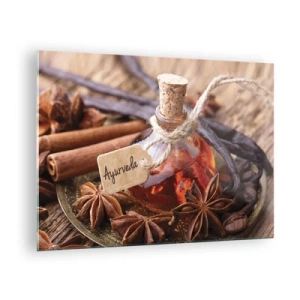 Schilderen op glas - Ayurvedische olie- en kruidenfles - 70x50cm - Naar de eenheid van lichaam en geest - Moderne wanddecoratie voor woonkamer en slaapkamer ARTTOR