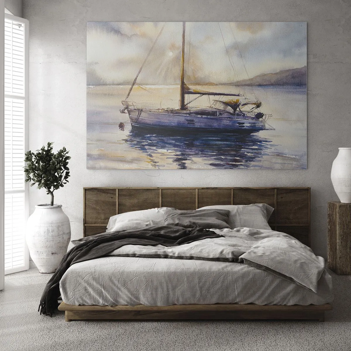 Schilderen op glas - Een jacht afgemeerd in een rustige baai bij schemering - 70x50cm - Avond aan de baai - Moderne wanddecoratie voor woonkamer en slaapkamer ARTTOR