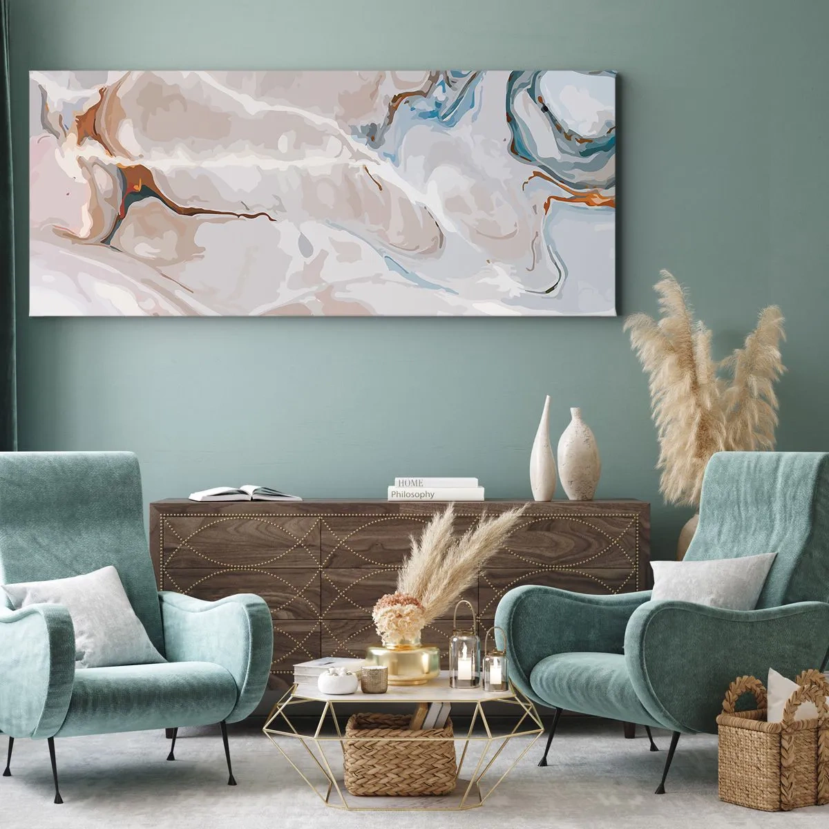 Schilderen op canvas - Blauw kronkelt onder het wit - 100x40 cm