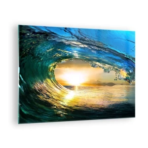 Schilderen op glas - Een oceaan golf vastgelegd in het licht van de ondergaande zon - 70x50cm - In een smaragd-gouden kristal - Moderne wanddecoratie voor woonkamer en slaapkamer ARTTOR