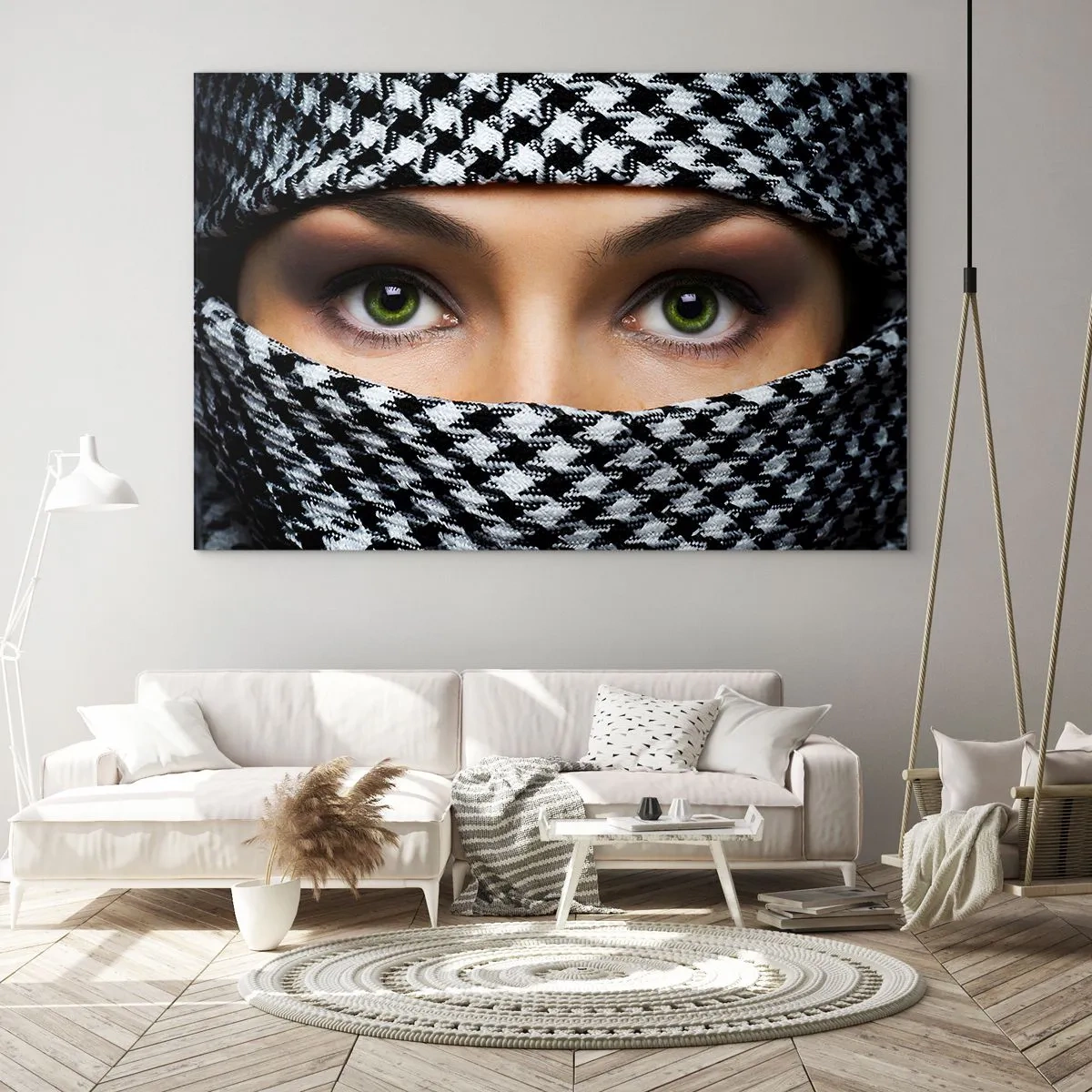 Schilderen op glas - Groene ogen omgeven door een zwart-wit patroon - 70x50cm - Portret van een gesluierde schoonheid met groene ogen - Moderne wanddecoratie voor woonkamer en slaapkamer ARTTOR