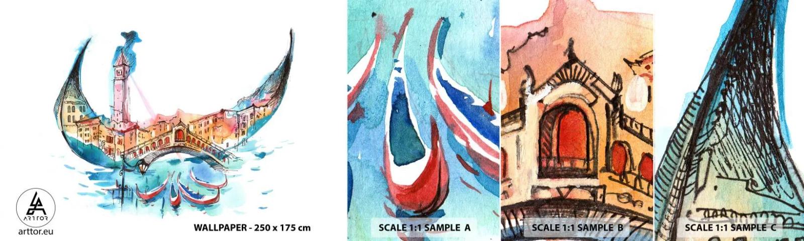 Fotobehang Monster Zelfklevend Deluxe Sticker - We varen door de stad - Abstractie, Venetië, Brug - 100x30 cm