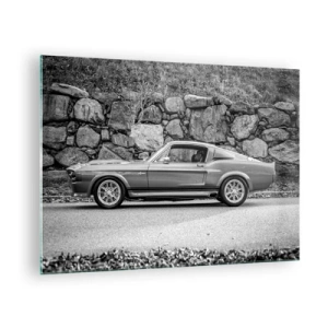 Schilderen op glas - Een klassieke auto tegen een stenen muur - 70x50cm - De legende van de jaren 60 - Moderne wanddecoratie voor woonkamer en slaapkamer ARTTOR