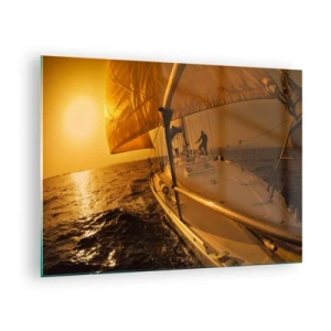 Schilderen op glas - Een zeilboot tegen de achtergrond van de ondergaande zon - 70x50cm - Een gouden avond na een kleurrijke dag - Moderne wanddecoratie voor woonkamer en slaapkamer ARTTOR