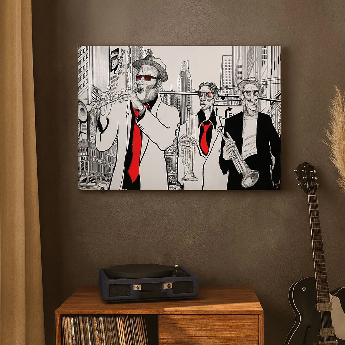 Schilderen op canvas - Illustratie van jazzmuzikanten tegen een stedelijke achtergrond - 70x50cm - Urban rapsodie in zwart en rood - Moderne wanddecoratie voor woonkamer en slaapkamer ARTTOR