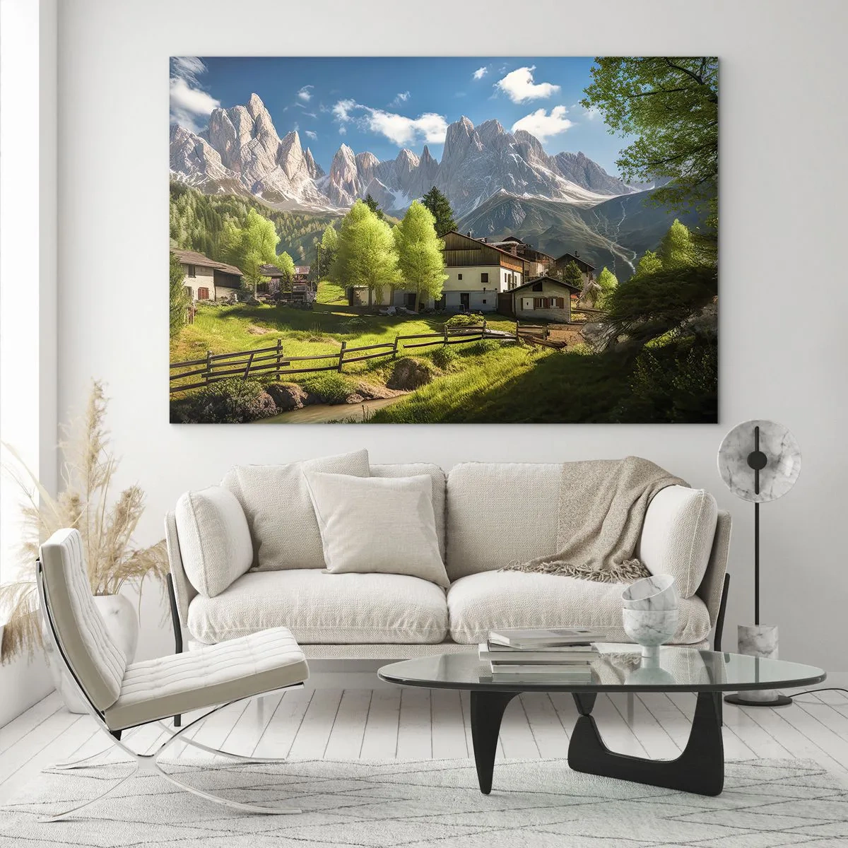 Schilderen op glas - Plattelandsontwikkeling te midden van groen aan de voet van de Alpentoppen - 70x50cm - Alpine idylle - Moderne wanddecoratie voor woonkamer en slaapkamer ARTTOR