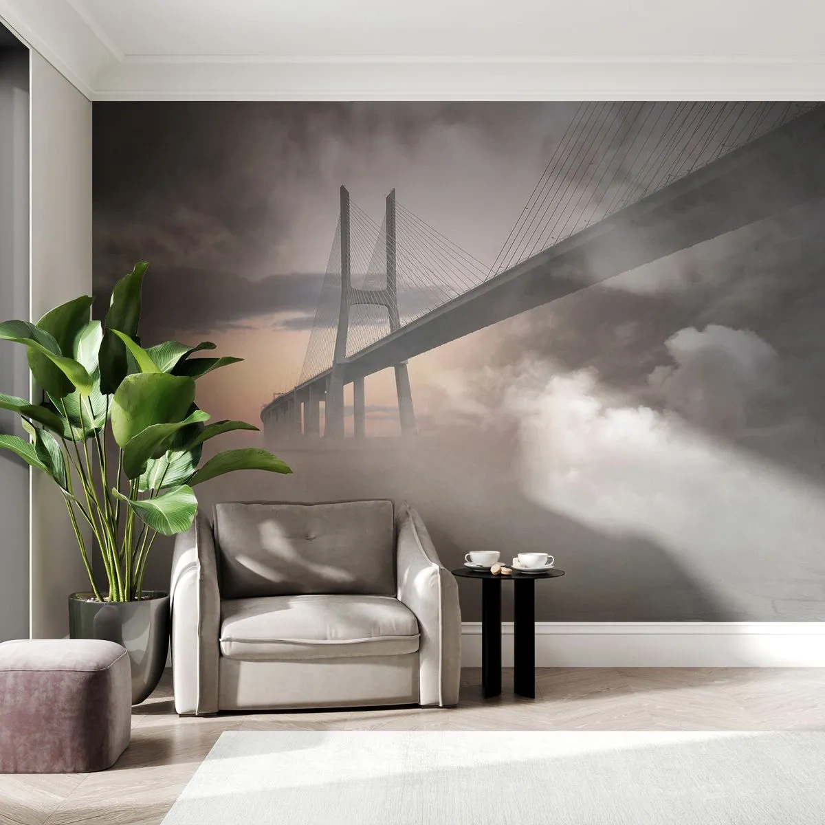 Zelfklevend Fotobehang Deluxe Sticker - Bij de rivier die niet bestaat - Landschap, Brug, Architectuur - 100x70 cm