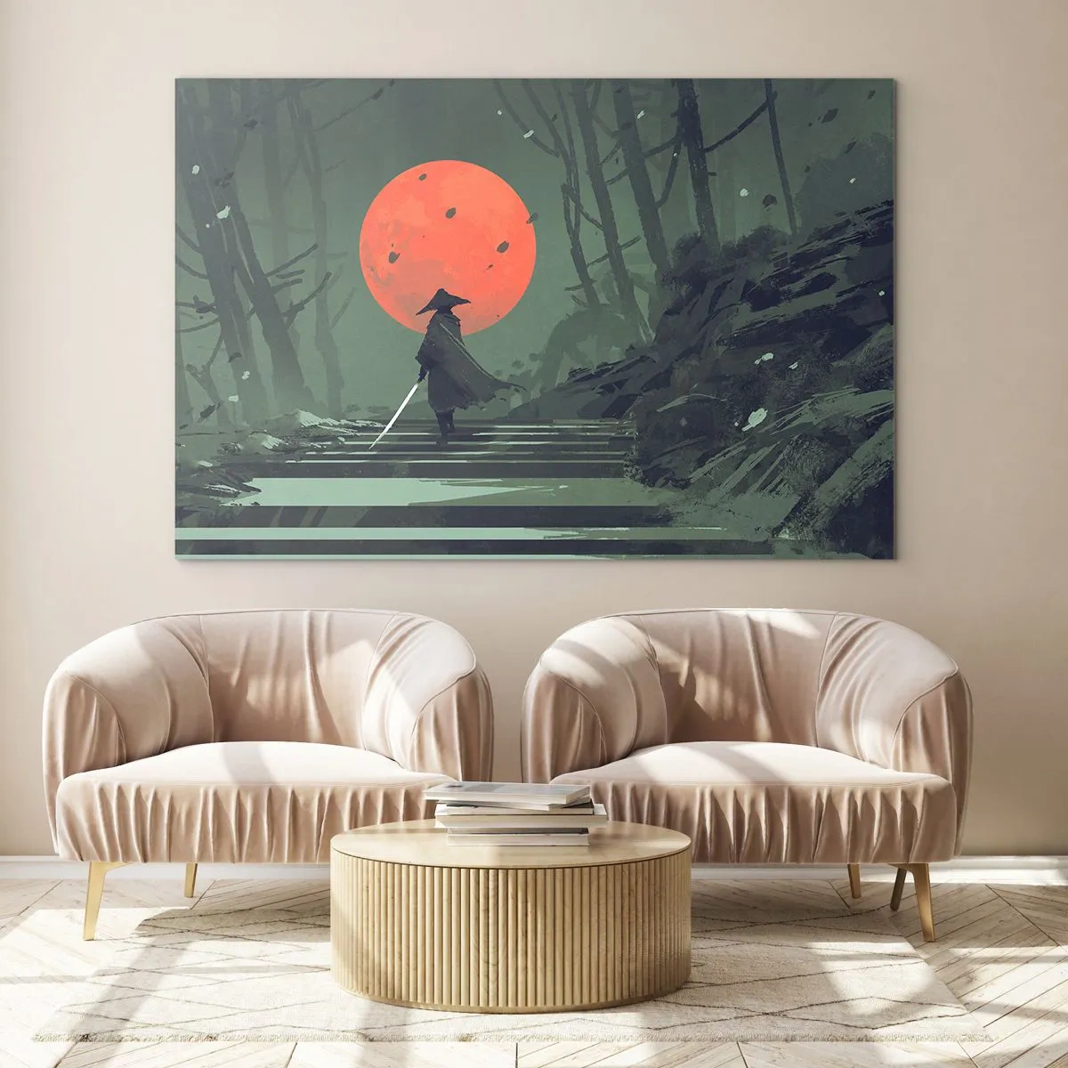 Schilderen op glas - Een eenzame krijger met een zwaard in het bos, tegen de achtergrond van een rode maan. - 70x50cm - Rode maan krijger - Moderne wanddecoratie voor woonkamer en slaapkamer ARTTOR