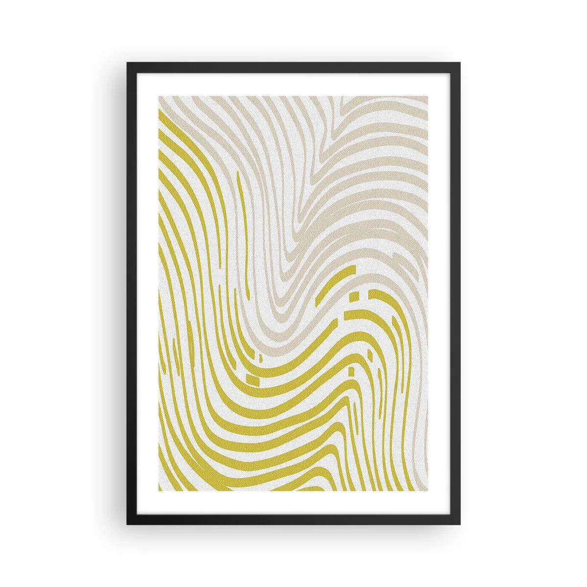 Poster in een zwarte lijst - Een abstracte compositie van golvende lijnen in tinten beige en geel. - 50x70cm - Een compositie met een zachte buiging - Moderne wanddecoratie voor woonkamer en slaapkamer ARTTOR