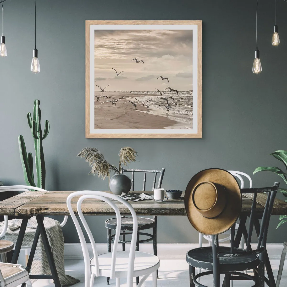 Een poster in een licht eiken lijst - Het geluid van de zee, het zingen van vogels - 50x50 cm