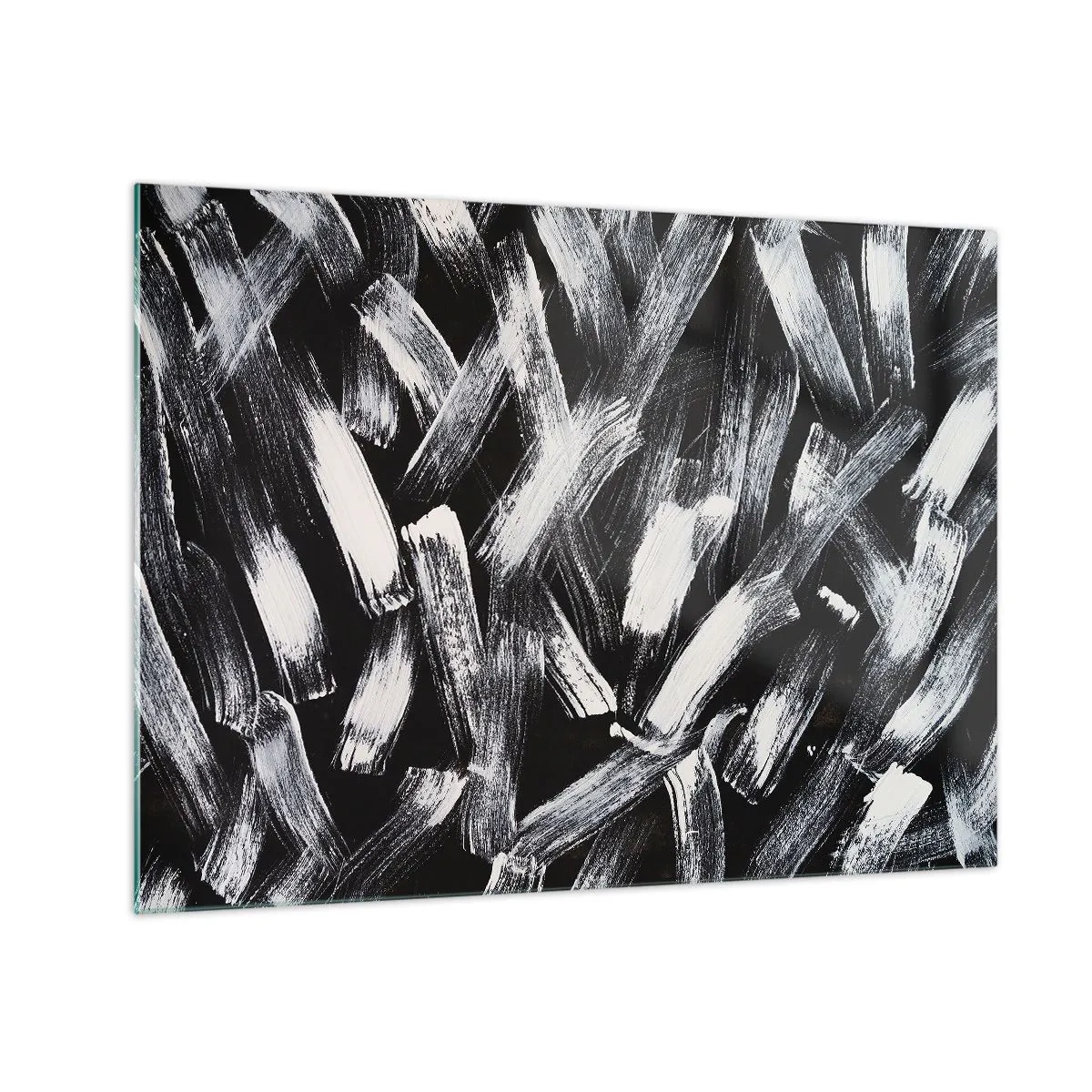 Schilderen op glas - Zwart-wit abstractie van penseelstreken op een donkere achtergrond - 70x50cm - Abstractie in de industriële spirit - Moderne wanddecoratie voor woonkamer en slaapkamer ARTTOR