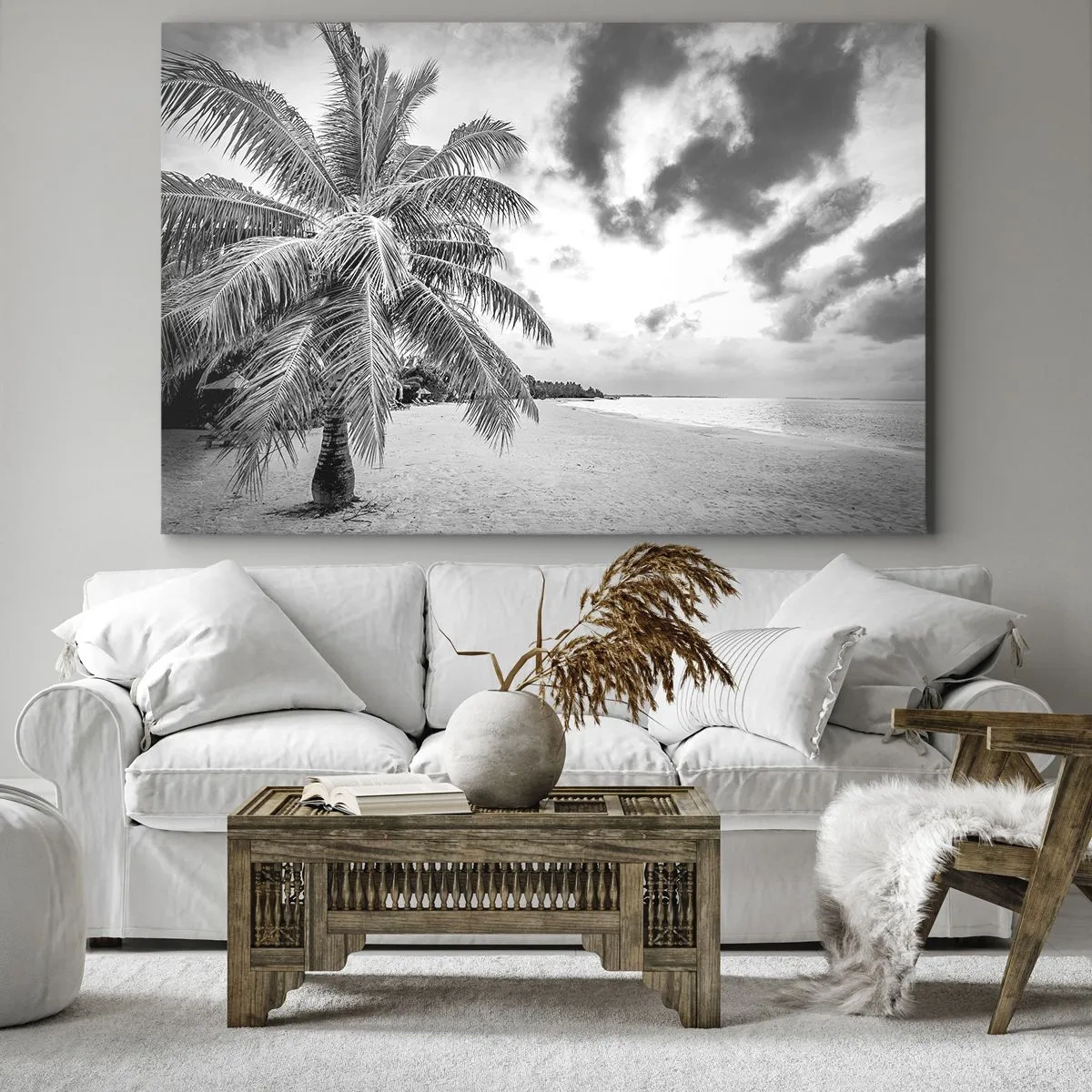 Schilderen op canvas - Zwart-witte palmboom op een leeg strand met wolken - 70x50cm - Wanneer je verlangt naar eenzaamheid... - Moderne wanddecoratie voor woonkamer en slaapkamer ARTTOR