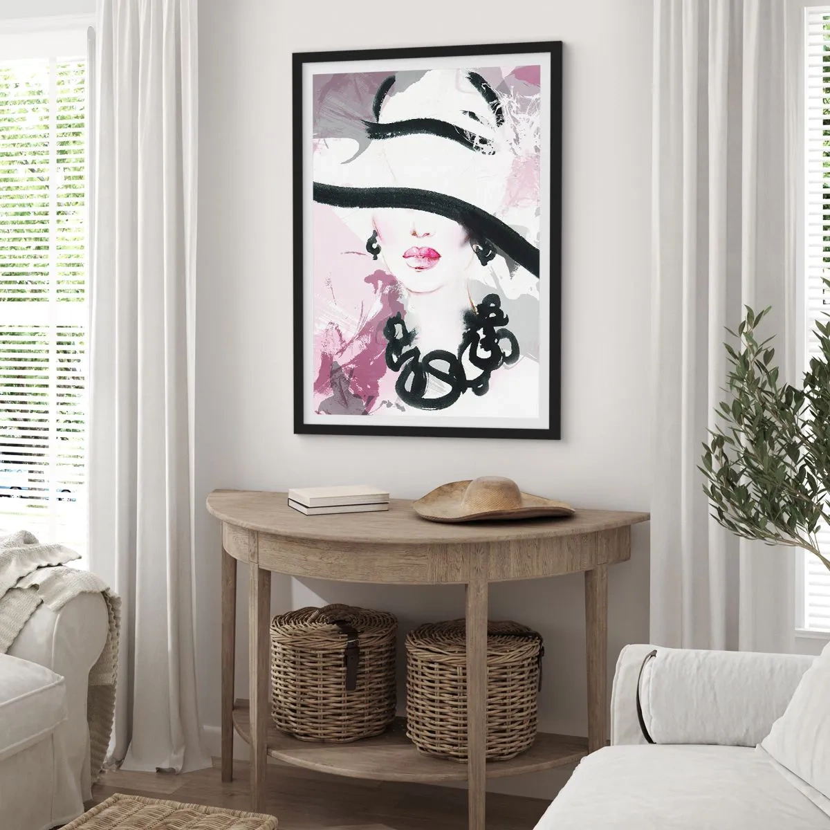Poster in een zwarte lijst - Een elegante illustratie van een vrouwengezicht in tinten roze en zwart. - 50x70cm - Portret van een dame in zwart en roze - Moderne wanddecoratie voor woonkamer en slaapkamer ARTTOR