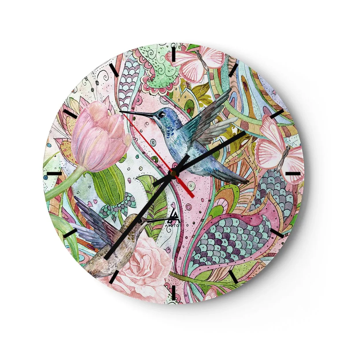Wandklok - Klok - Kleurrijke kolibries en bloemen tegen een achtergrond van artistieke patronen - 30x30cm - Verstrikt in wijnstokken - Moderne wanddecoratie voor woonkamer, keuken en slaapkamer ARTTOR