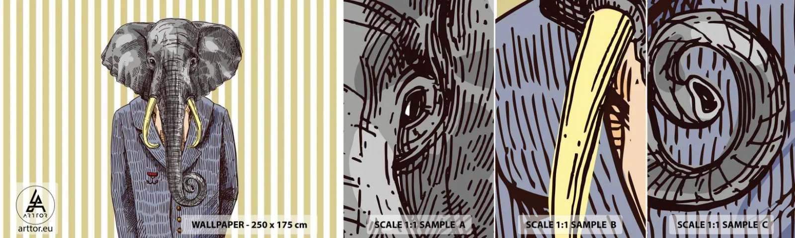 Fotobehang Monster Zelfklevend Deluxe Sticker - Elegant van nature - Abstractie, Olifant, Portret - 100x30 cm