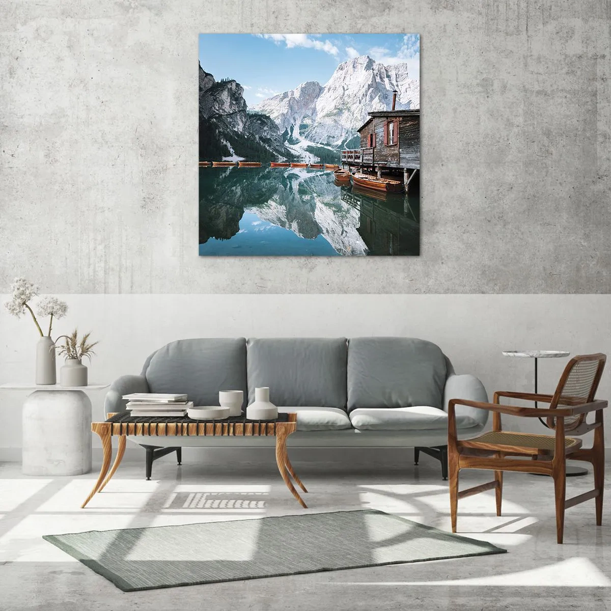 Schilderen op glas - Een kristalheldere bergochtend - 70x70 cm