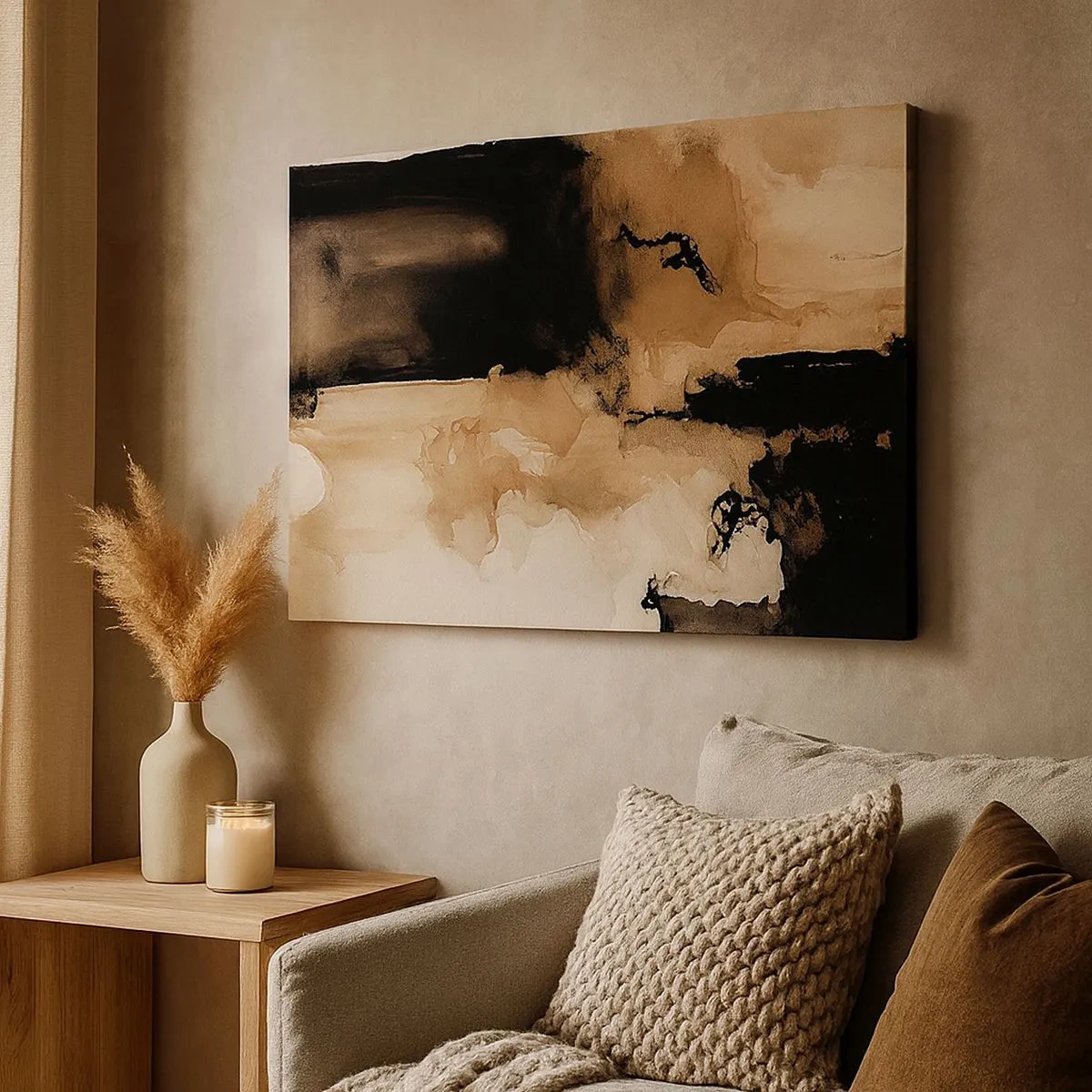 Schilderen op canvas - Abstracte compositie in tinten bruin en zwart - 70x50cm - Intrigerende abstractie - Moderne wanddecoratie voor woonkamer en slaapkamer ARTTOR