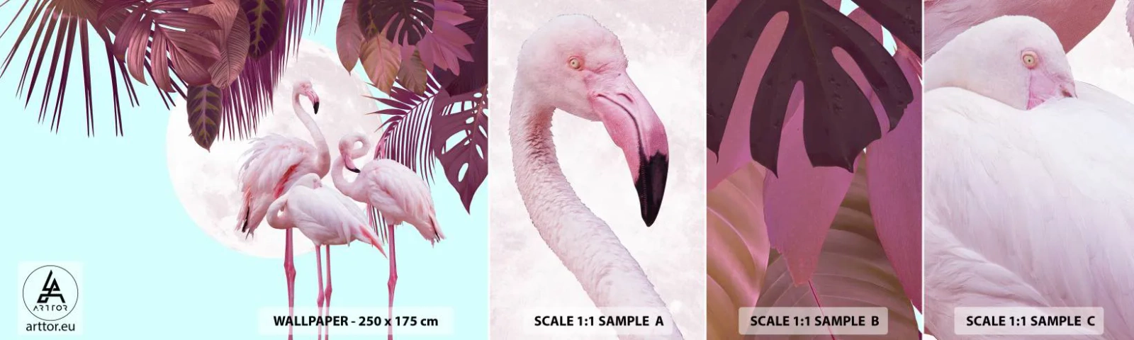 Fotobehang Monster Zelfklevend Deluxe Sticker - Drie vogel genaden - Flamingo's, Vogels, Natuur - 100x30 cm