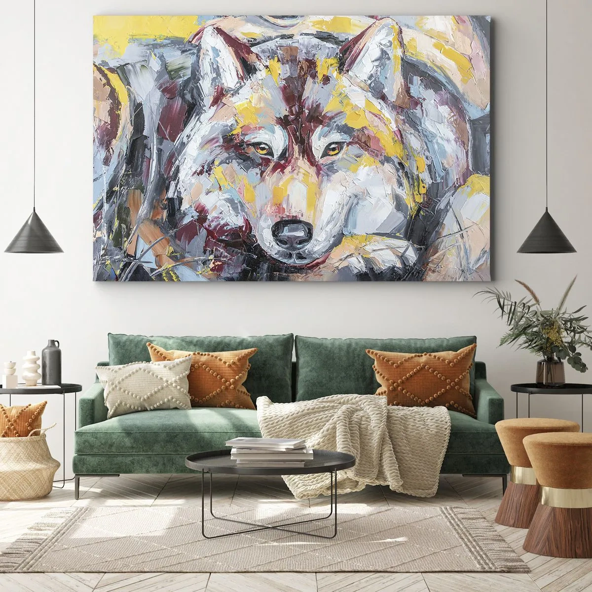 Schilderen op canvas - Artistiek portret van een wolf in intense kleuren - 70x50cm - Gemoedsrust onder dierbaren - Moderne wanddecoratie voor woonkamer en slaapkamer ARTTOR