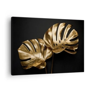 Schilderen op canvas - Gouden monsterabladeren op een zwarte achtergrond - 70x50cm - De schatten van de natuur - Moderne wanddecoratie voor woonkamer en slaapkamer ARTTOR