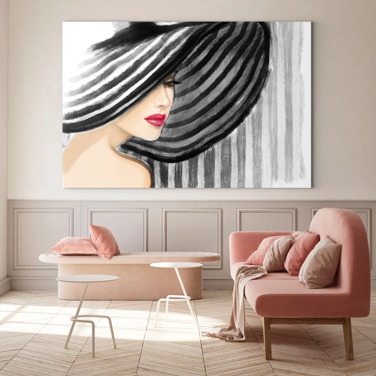 Schilderen op glas - Stijlvolle vrouw met een zwart-wit gestreepte hoed - 70x50cm - Waar moet je zoeken? - Moderne wanddecoratie voor woonkamer en slaapkamer ARTTOR