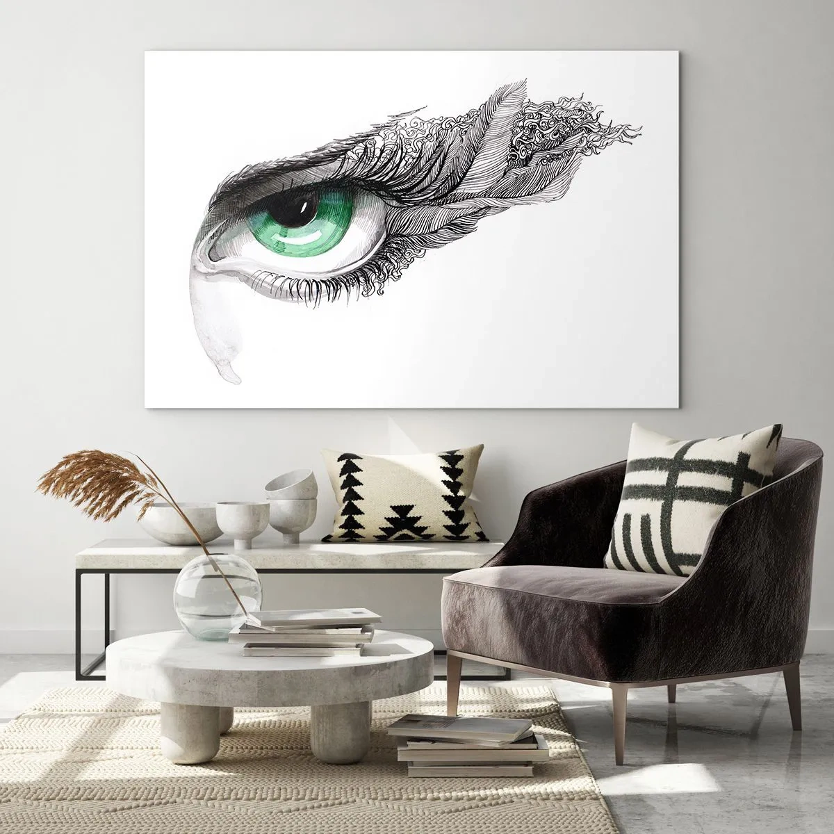 Schilderen op glas - Groen oog met veerdetails en abstracte patronen - 70x50cm - Mooi en klaar om aan te vallen - Moderne wanddecoratie voor woonkamer en slaapkamer ARTTOR