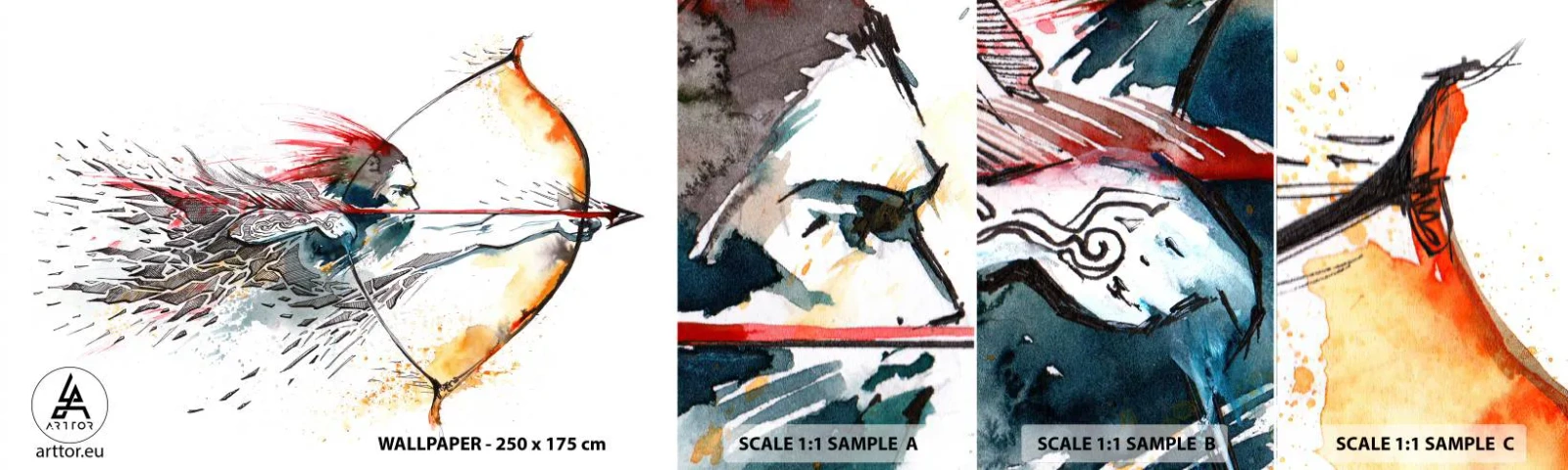 Fotobehang Monster Zelfklevend Deluxe Sticker - Mythische krijger met een vurige boog - Abstractie, Schutter, Boogschot - 100x30 cm